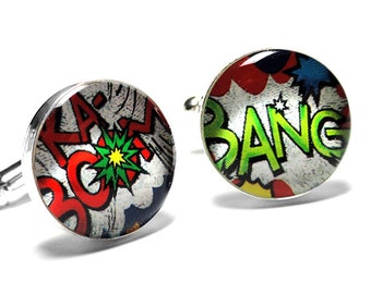 Comic Book Superhero Cufflinks, Shout Outs, Vintage Retro Style, Handmade, Resin Cufflinks, Mens Accessories, Gifts for Him