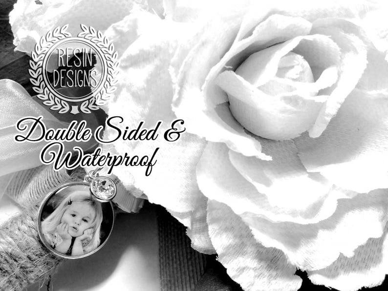 Crystal Photo Wedding Bouquet Charm, Custom Gift for the Bride, Personalized Brooch, Memorial Pin, Bridal Bouquet Picture Memory Charm image 1