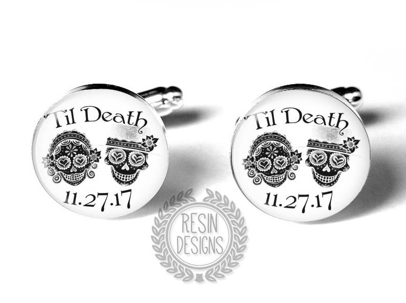 Sugar Skull Custom Wedding Cufflinks, Personalized Fiance Gift, Gift for Him, Day of the Dead Cufflinks, Mens Accessories, Groom Gift image 2