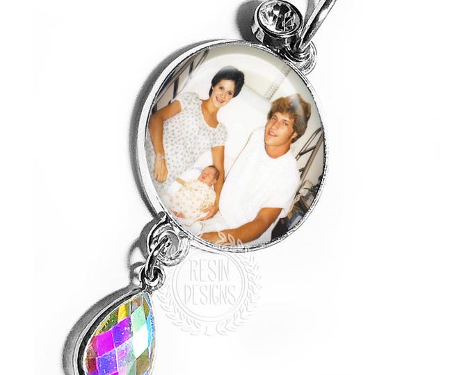 Crystal Wedding Bouquet Photo Charm, Custom Wedding Charm, Gift for the Bride, Personalized Wedding Picture Pin, Memory Charm Brooch