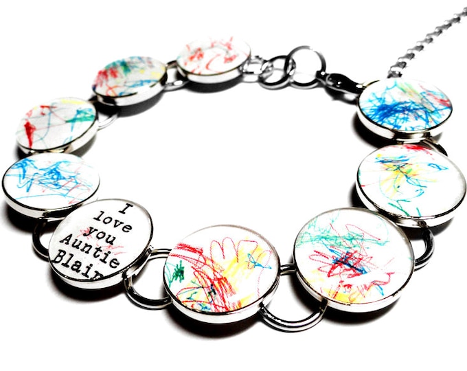 Childrens Artwork Custom Bracelet, Personalized Gift for Mom, Silver Resin Charm Link Bracelet, Childs Art, Kids, Mothers Day Gift