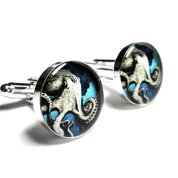 Octopus Cufflinks, Handmade Blue Cufflinks, Mens Gift, Blue Cufflinks, Gift for him, Cephalopod - Mollusk - Ocean