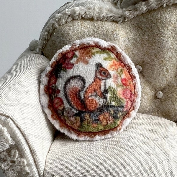 Floral squirrel miniature pillow dollhouse decor | 1:12 scale | hand sewn round velvet, Cute cottagecore style, Tiny Urchin