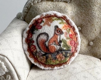 Floral squirrel miniature pillow dollhouse decor | 1:12 scale | hand sewn round velvet, Cute cottagecore style, Tiny Urchin