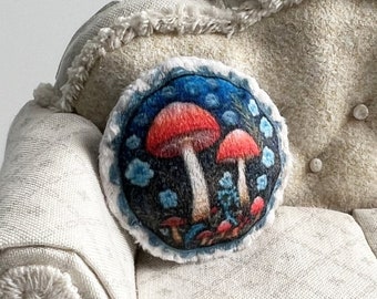 Red mushrooms on blue mini pillow dollhouse decor | 1:12 scale | hand sewn round velvet fabric, Cottagecore, amanita style, Tiny Urchin