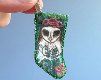 Owl dollhouse miniature Christmas stocking | 1:12 scale | hand sewn functional, winter holiday mini decor, Tiny Urchin