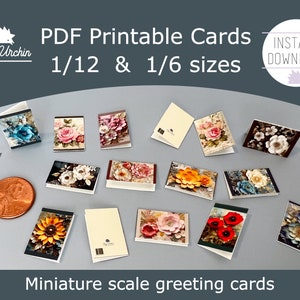 Mini cartões florais - Cartões elegantes horizontais - Projeto de papel para impressão de casa de bonecas faça você mesmo em escala 1/12 e 1/6 - Download instantâneo