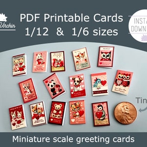 Cartões de felicitações em miniatura - Vintage Animal Valentines - Projeto de papel para impressão de casa de bonecas DIY em escala 1/12 e 1/6 - Download instantâneo