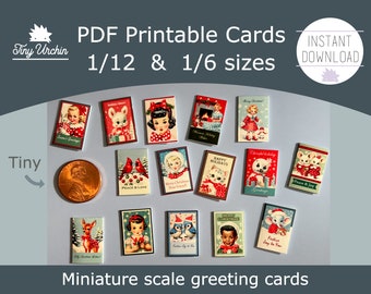 Miniature Christmas cards - Vintage style greeting cards - 1/12 and 1/6 scale DIY dollhouse printable paper project - Instant download