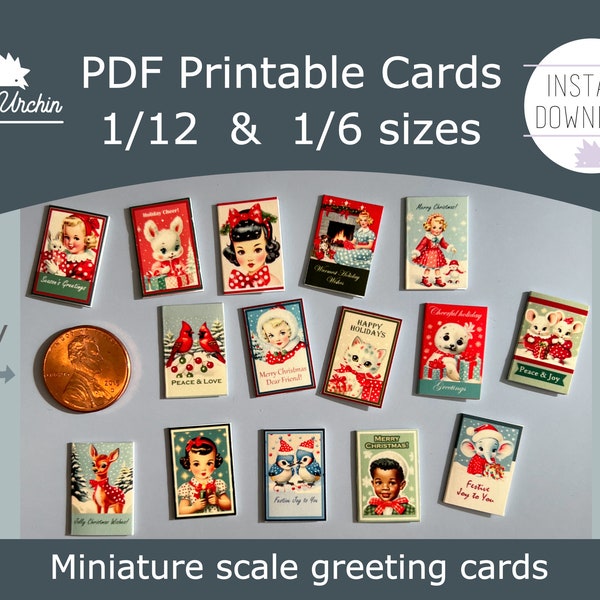 Miniature Christmas cards - Vintage style greeting cards - 1/12 and 1/6 scale DIY dollhouse printable paper project - Instant download