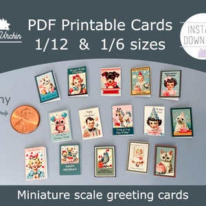 Winzige Geburtstagskarten zum Geburtstag - 1/12 und 1/6 DIY Puppenhaus druckbares Papier zum Selbermachen - Sofort download