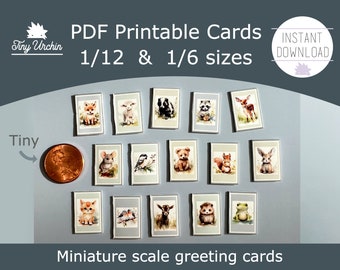 Miniature animal greeting cards - Cottage baby animals - 1/12 and 1/6 scale DIY dollhouse printable paper project - Instant download