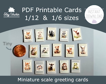 Miniature animal greeting cards - Cottage baby animals - 1/12 and 1/6 scale DIY dollhouse printable paper project - Instant download