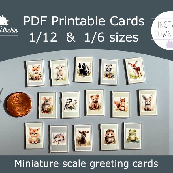 Miniature animal greeting cards - Cottage baby animals - 1/12 and 1/6 scale DIY dollhouse printable paper project - Instant download