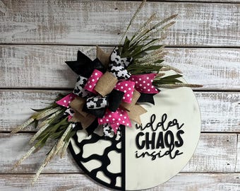 Udder Chaos Door Hanger / 18-inch Round Cow Print Sign/ 3D Farmhouse Cow Decor/ Funny Barnyard Front Door Sign