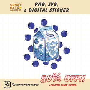 Kawaii bosbes, bosbessenmelk PNG, gevoel blauw, kawaii drankje, schattige melkpak SVG, woordspelingen, svg, png, sticker, digitale download