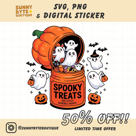 Halloween treats png, Pumpkin Ghosts png, Cute Ghost Clipart, Spooky Treats, Halloween Design, sublimation art, svg, png, sticker, printable