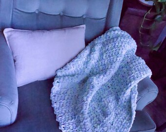 crochet baby blanket, soft baby blanket, blue baby blanket, green baby blanket, plush baby blanket, pastel baby blanket, baby shower gift