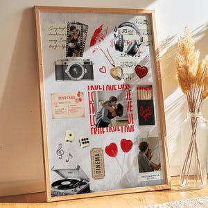 May include: A framed collage with a romantic theme. It features a vintage camera, film strip, headphones, a heart-shaped locket, and photos of a couple. Red hearts and the words "love you" are also included.