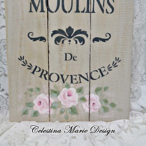 Moulins de Provence, Hand Painted Pink Roses, Original Design Wood Fence Art, Wall Display, ECS image 1