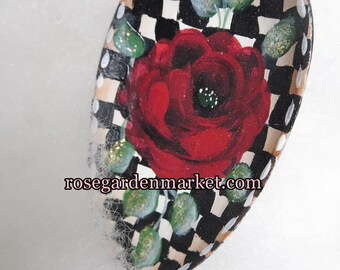 Red Rose, Stately Checks on Black Hand Painted 7 inch Soup Spoon Ornament, Home Decor, Tree Accent, Holiday, Collectible, Gift Idea, ECS