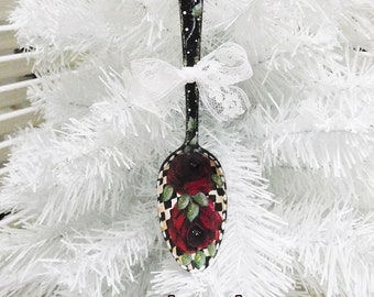 Velvety Red Roses, Stately Checks, Hand Painted 7 inch Soup Spoon Ornament, Home Decor, Tree Accent, Holiday, Collectible, Gift Idea, ECS