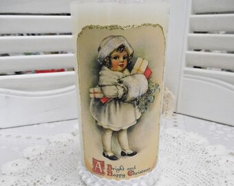 Faux Timer 5 Hour Candle, Hand Created, Glittered Vintage Graphic, Shabby Styling, A Bright and Happy Christmas Wax Candle, Trims and Sealed