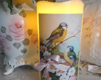 Five Hour Timer LED Wax Candle, Hand Created with Vintage Birds Graphic, Shabby Styling, Trims, Soft Glow, Romantic Spring Accent