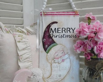Merry Christmas Wood Santa Plaque Sign, Hand Painted Designer Accent, OOAK, Hanging Home Decor, Wall Art, Peg Accent, Shabby Chic Styling