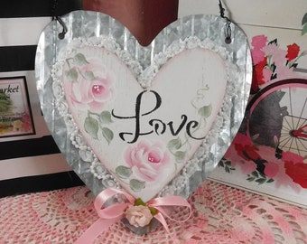 Hanging Love Heart with Hand Painted Pink Roses, Tin Galvanized Backing, Wire Hangup, Home Display, Gift, Romantic, Shabby Decor with Trims