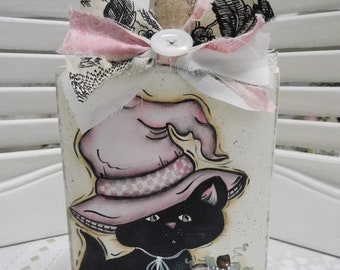 Wood Block Pumpkin with Hand Painted Kitty, Pink Pumpkin, Wood Stem and Shabby Messy Bow, OOAK, Decorative Art Fall Display, Shabby Cottage
