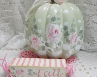 Fall Green and Stately Checks Pumpkin with Swiss Dots and Hand Painted Pink Roses, Shabby CottageCore Style, Home Fall Decor Accent or Gift