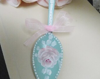 Aqua Vintage Tea Spoon with Pink Rose and White Leaves, Hand Painted, Home Decorative Spoon, Collectible, Gift, Shabby Chic Styling