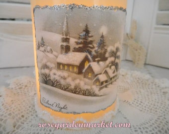 Faux Timer 5 Hour Candle, Hand Created, Glittered Vintage Graphic, Shabby Styling, Silent Night Evening Scene, Wax Candle, Trims and Sealed