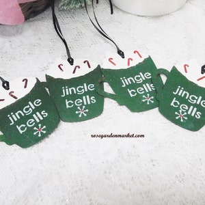 Wood Mug Gift Tags, Hand Painted and Designed, Green Jingle Bells Set of 4 for Gift Bags, Boxes and Tree Ornament, Back Spot for Writing