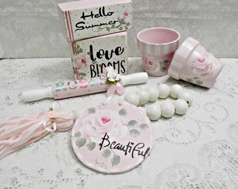 Sampler SET, Hello Summer, Love Blooms, Pink Rose Bead Garland, Two Terra Cotta Pots, Rolling Pin, 6 Piece Hand Painted Accents