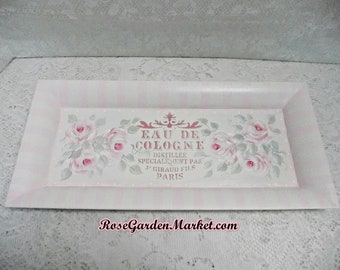 Eau De Cologne French Ad Tray with Hand Painted Cottage Pink Roses on Ivory Background, Pink Stripes, Display, Home Decor, Dresser, Vanity