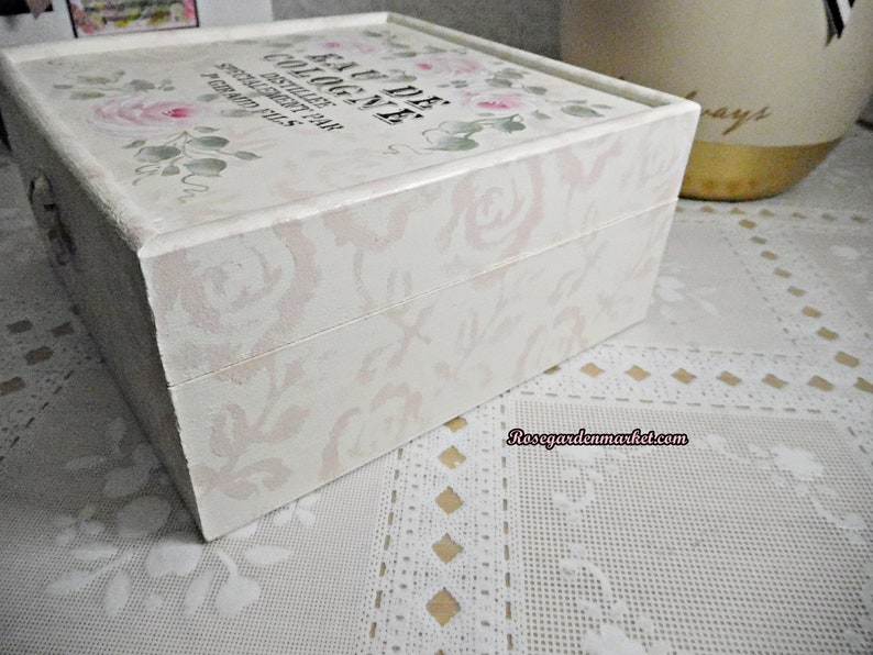 Eau De Cologne Wood Keepsake, Jewelry, Storage Box with Brocade Background and accented with my Signature Pink Roses. Shabby Pink image 5