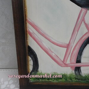 Love Blooms, Pink Bike Carrying a Basket of Pink Roses, Wood Canvas Sign with Stained Frame, OOAK, Shabby Cottage Wall Art, Romantic image 6