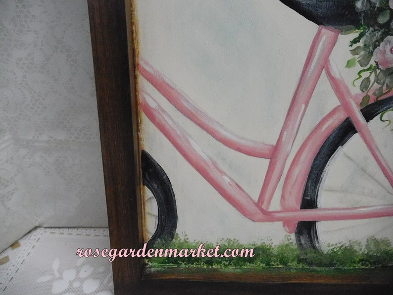 Love Blooms, Pink Bike Carrying a Basket of Pink Roses, Wood Canvas Sign with Stained Frame, OOAK, Shabby Cottage Wall Art, Romantic image 6