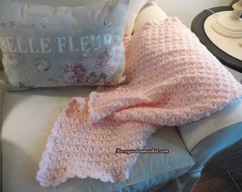 Pretty Shabby Chic Light Pink Signature Lace Hand Created Lap Throw, Baby Blanket, Nursery, Sofa or Chair Accent, Collectible Gift