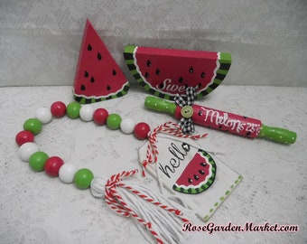 Decor Sampler Set, Tiered Tray Watermelon Wedges, Bead Garland with Tag and Bonus Rolling Pin, Hand Designed and Created, Summer Theme