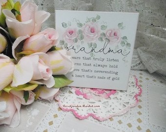 Grandma Keepsake Plaque with Saying and Hand Painted Pink Cottage Roses, Easel Standing, Special Grandma Gift, Home Accent, Home Decor