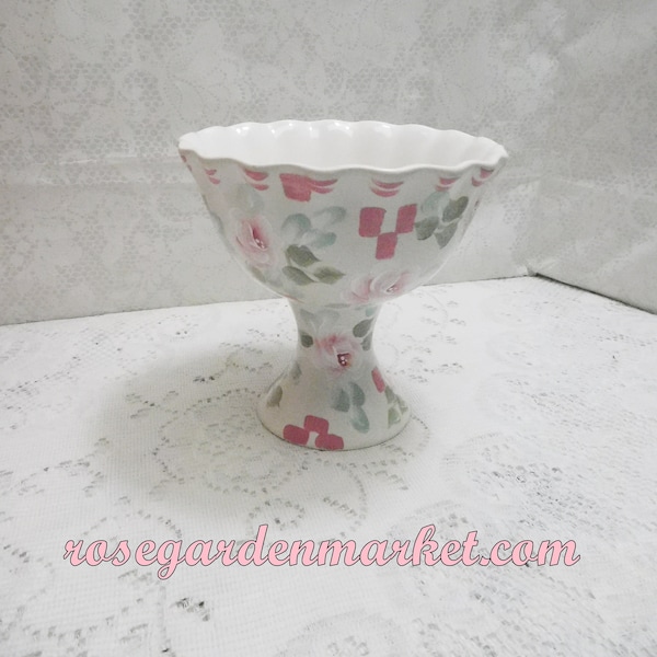 Ceramic Candy Dish Compote Style Pedestal with Scallop Top, Hand Painted Roses, Details and Strokes, Checks and Swiss Dots