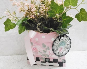Tin Can Art, Wall Flower Pocket with Hand Painted Designer Roses and Attached Accent Tag, Shabby Cottage with Stately Black Checks