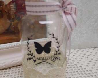 French Ad, Papillon and Butterfly Glass Bottle Vase with Lace Trim, Hand Designed Shabby Cottage Home Accent, Chalk Couture Created