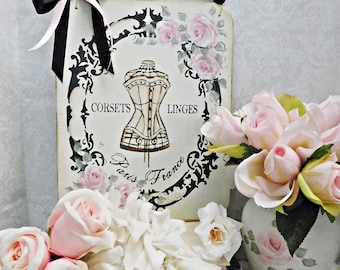 French Inspired Wood Wall Sign, Hand Painted Cottage Pink Roses, French Graphic Closet Dressing Room  Styling, Bead Hanger, Home Display
