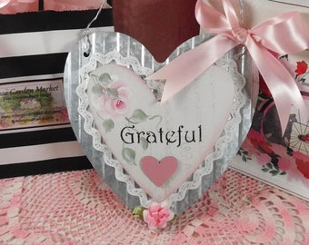 Hanging Grateful Heart, Hand Painted Pink Roses, Tin Galvanized Backing, Wire Hangup, Home Display, Gift, Romantic, Shabby Decor with Trims