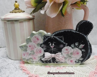 Black Kitty in the Roses, Shelf Sitter, Tiered Tray Accent, Hand Cut Wood and Hand Painted with my Signature Cottage Roses, Shabby Cottage