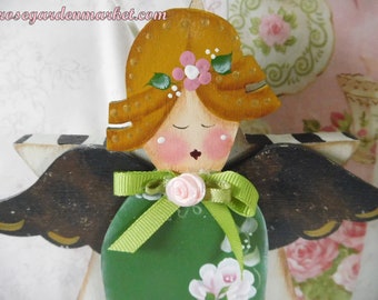 Rose Garden Wood Angel Display, Wall or Hanging Ornament, Hand Created, Painted, with Wings, Star, 3D Accents, Layered Wood Details, Spring